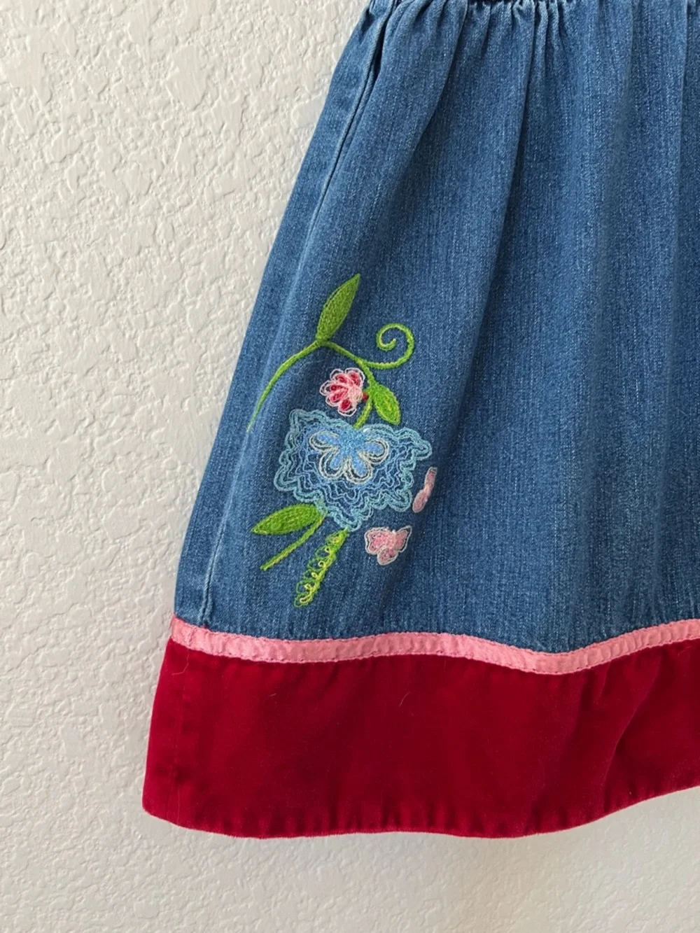 Baby Gap Y2K Denim Jumper Dress Girls 4 Years Embroidered Floral Velvet Hem